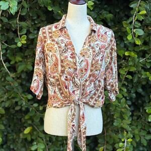 Boho tie front short sleeve blouse